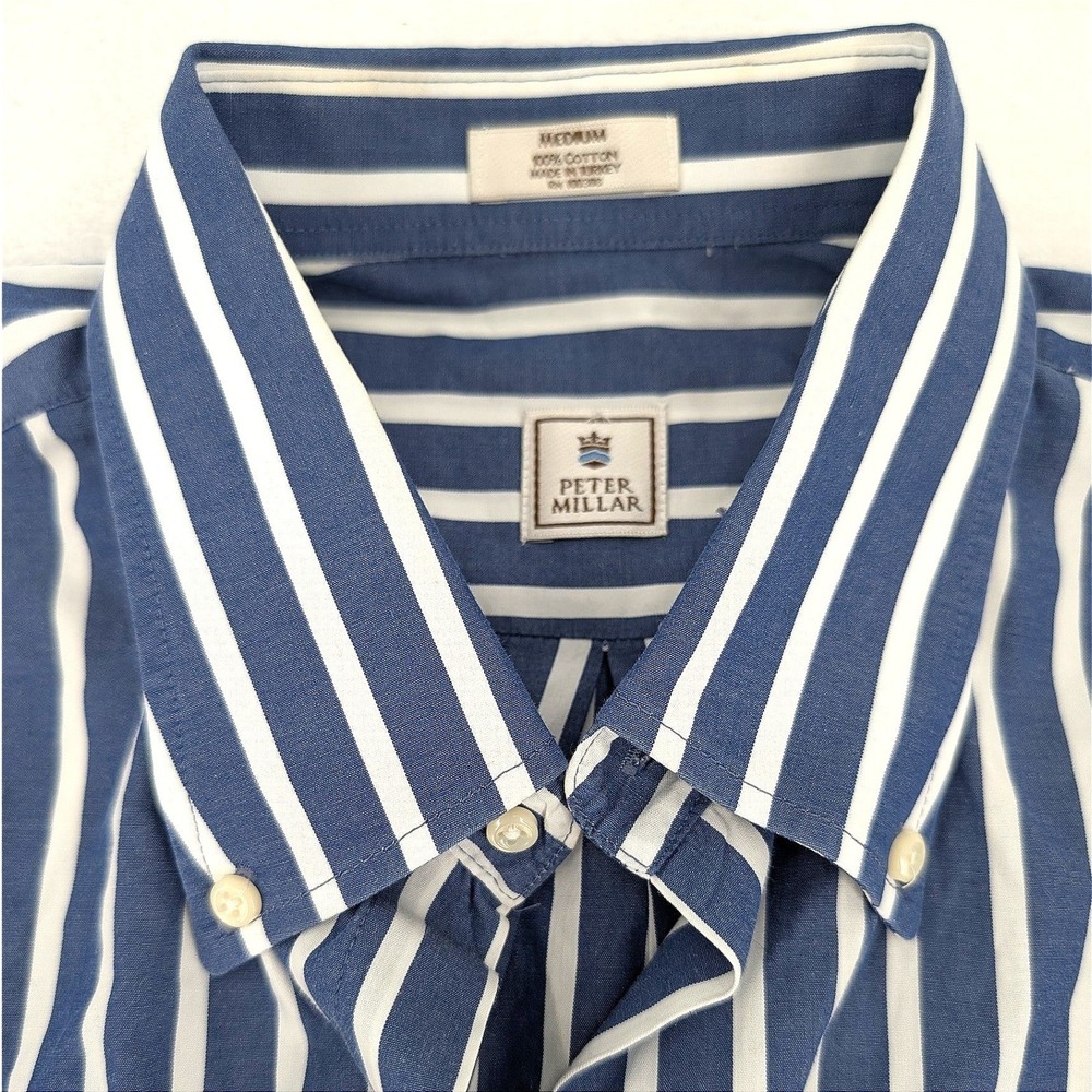 Peter Millar Striped Button Down Shirt Nautical Blue White Cotton Medium Preppy